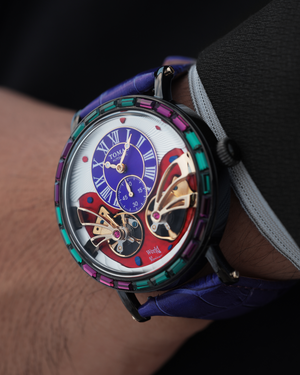 
                  
                    Load image into Gallery viewer, Double Wings Automatic TW001-D14 (Black/Purple/White) with Purple Green Swarovski (Purple Bamboo Leather Strap)
                  
                