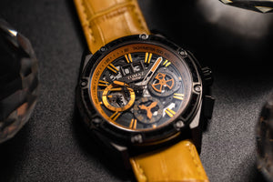 
                  
                    Load image into Gallery viewer, RAWR iii TW024A-D3 (Black/Yellow) with Yellow Swarovski (Yellow Bamboo Leather Strap)
                  
                