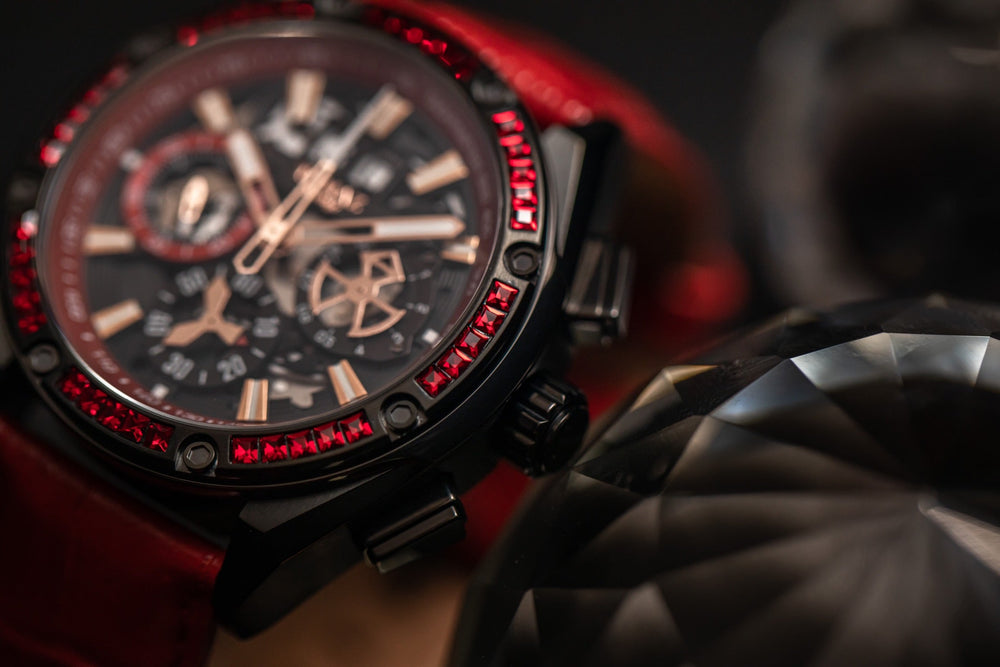 
                  
                    Load image into Gallery viewer, RAWR iii TW024A-D2 (Black/Red) with Red Swarovski (Red Bamboo Leather Strap)
                  
                